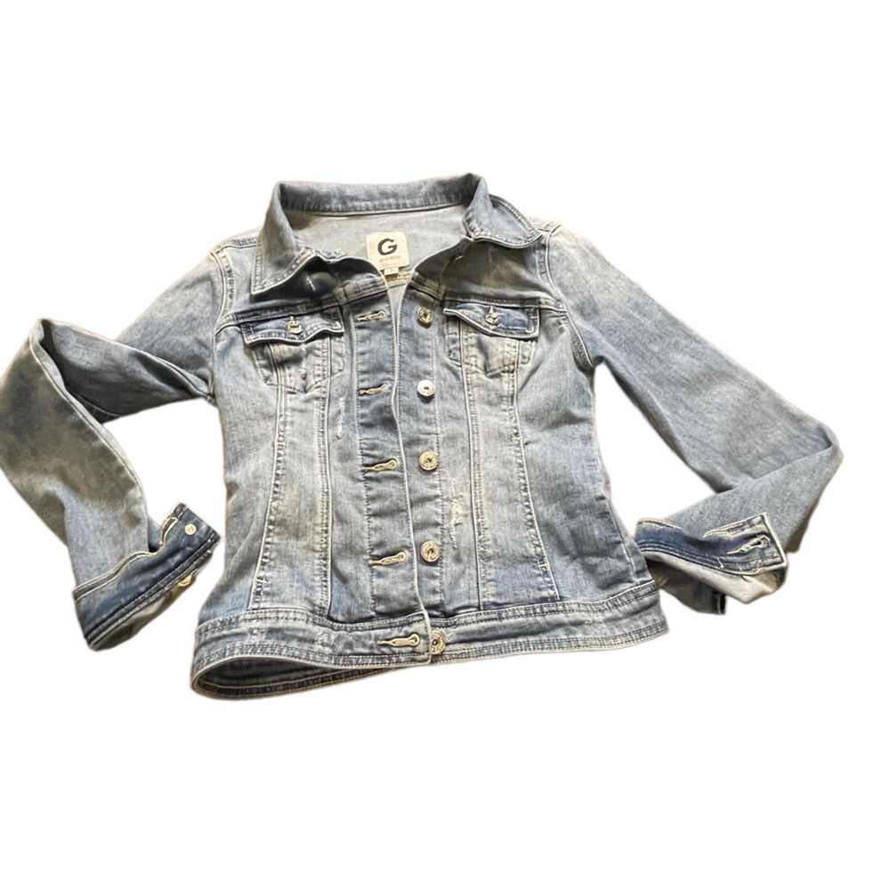 Guess Women’s XS Distressed Denim Jacket Light Wash‎ Fitted Jean Jacket Y2K